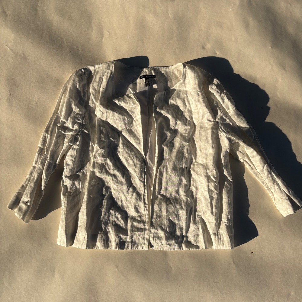 Eileen Fisher Metallic Organic Cotton Blend Open Front Blazer Jacket Bone Small